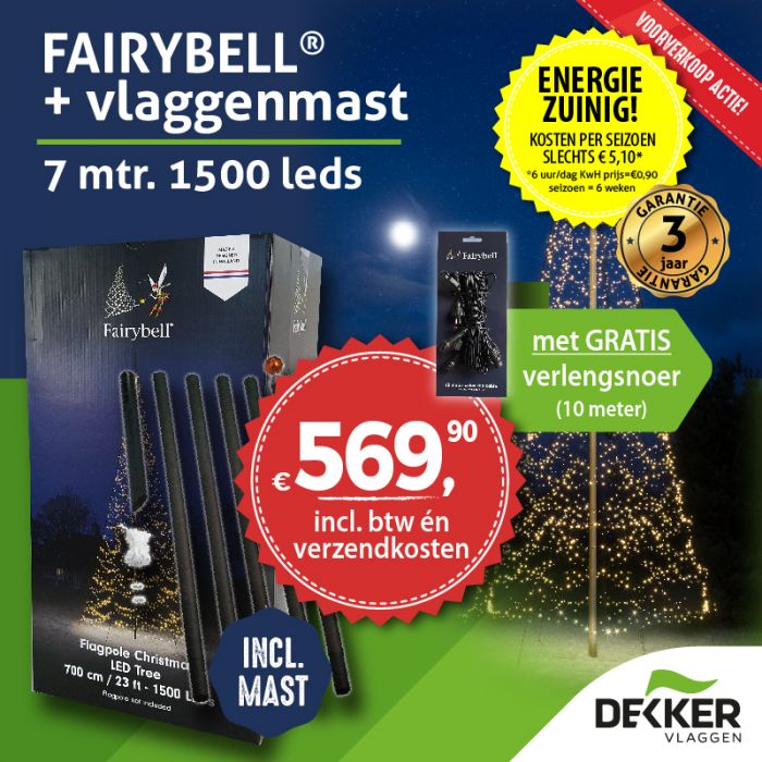 Opgetild tapijt ondersteuning Fairybell 7 meter 1500 LED's met deelbare Fairybell mast - Dekker Vlaggen